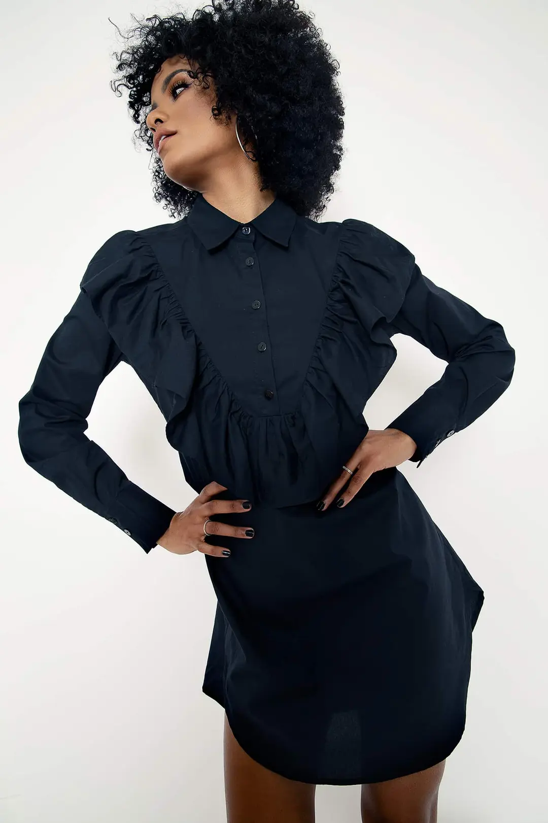 Midnight Frill Long Sleeve Shirt Dress
