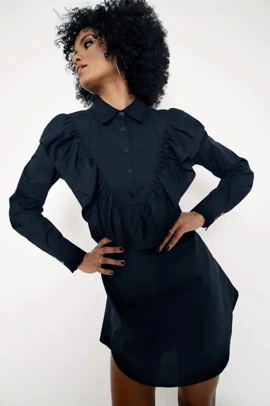 Midnight Frill Long Sleeve Shirt Dress