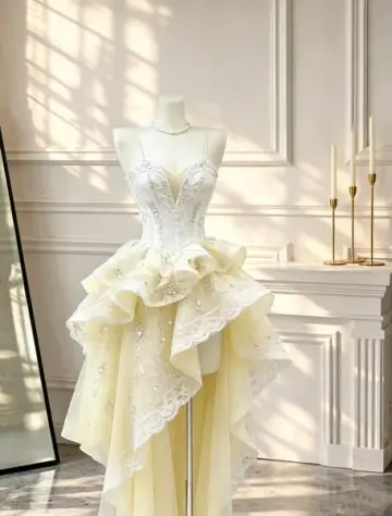 Gentle Lace Ruffled Beaded Women's Prom Gown Pastel Yellow Waist Fitted Maxi Evening Dress Birthday Dress — Fall Outfit 2026 New RS3236