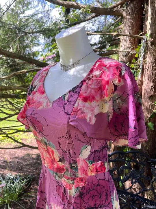 Pink Flower Garden in Silk, Midi Dress.
