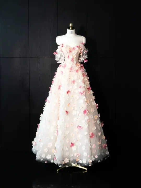 Pink floral off-the-shoulder fitted long ball gown, bridal dress R8967