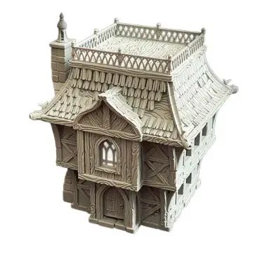An unpainted, light beige 3D-printed tabletop miniature of a multi-story medieval fantasy noble house. The building has an expanding design where the upper half-timbered levels overhang the ground floor. It features an arched wooden door, an ornate overhanging bay window on the second floor, and a large stone chimney on the left side. The roof is partially wood-shingled and steeply sloped, leading up to a large, flat, wooden rooftop terrace enclosed by an intricate railing. Isolated on a white background.