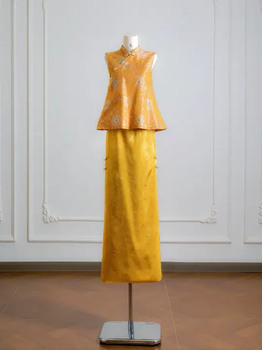 Gold Chinese-style neckline fitted top and skirt set, ball gown, bridal dress R8134