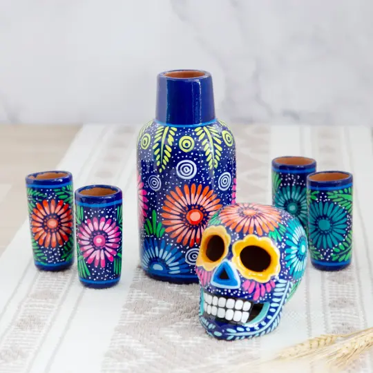 Hand-Painted Sugar Skull Top Decanter and Shot Glasses Set