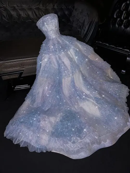 Elegant Pale Blue A-Line Strapless Long Women Dress with Tulle Prom Dress Evening Dress RS061