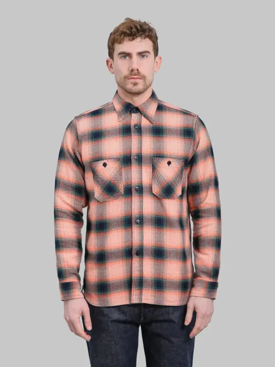 Samurai Jeans SIN25-01W Western Cut Rope Dyed Indigo Flannel Shirt Pink