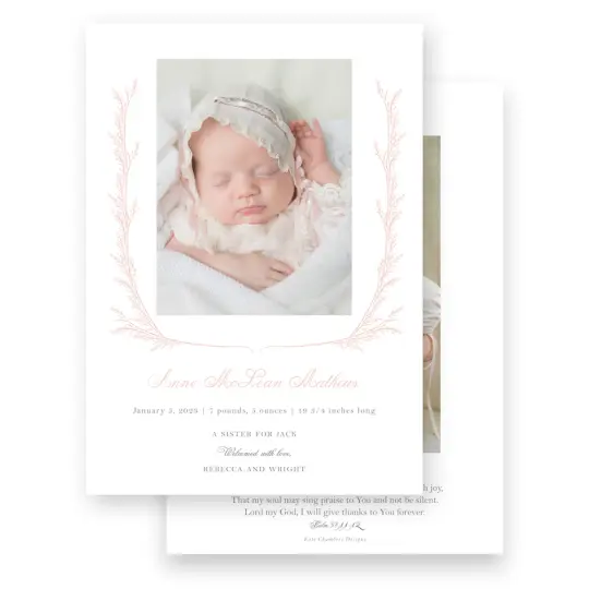 Girl's Pink Laurel Border Birth Announcement