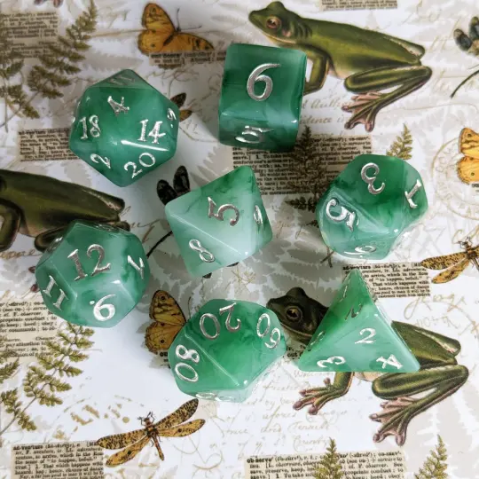 Jade Dice Set – 7 or 11-Piece Green White Swirled DnD Dice | Fennek & Finch