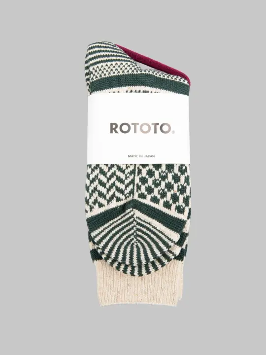ROTOTO Multi Jacquard Crew Socks Ivory/Dark Green