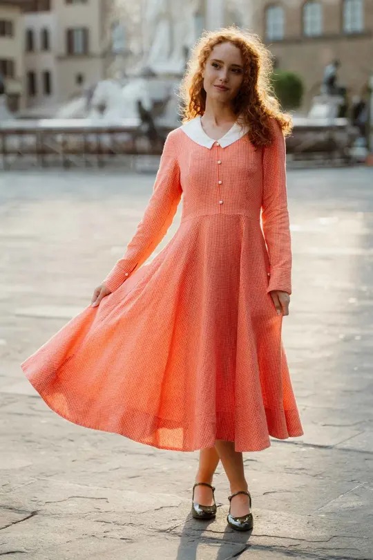 Wander – Long Sleeve Linen Dress with Sailor Collar
