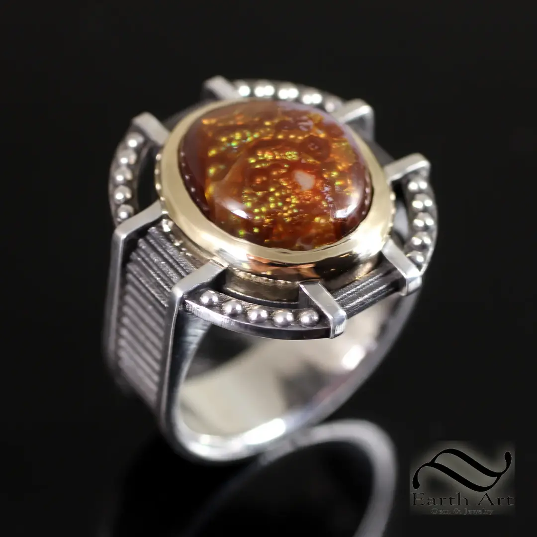 Mechanical Themed Fire Agate Ring - Sterling and 14k