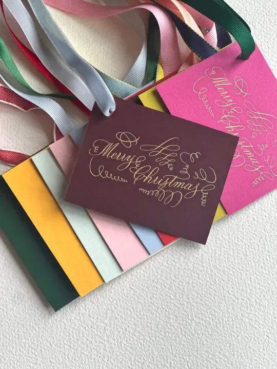 Custom Calligraphy Merry Christmas Engraved multi-colored card stock Gift Tags, Set of 10