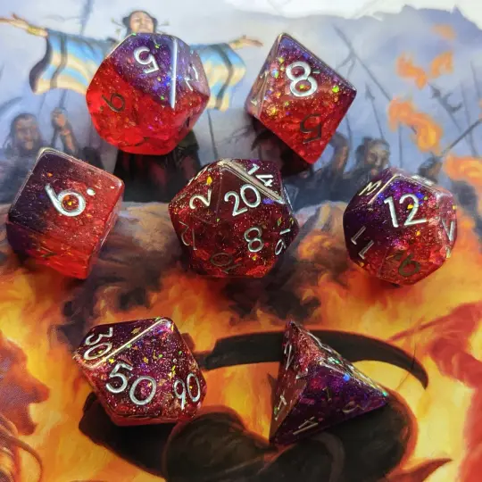 Gambit Dice Set – 7-Piece Red Purple Opal Flakes Gold Foil Risk Taker DnD
