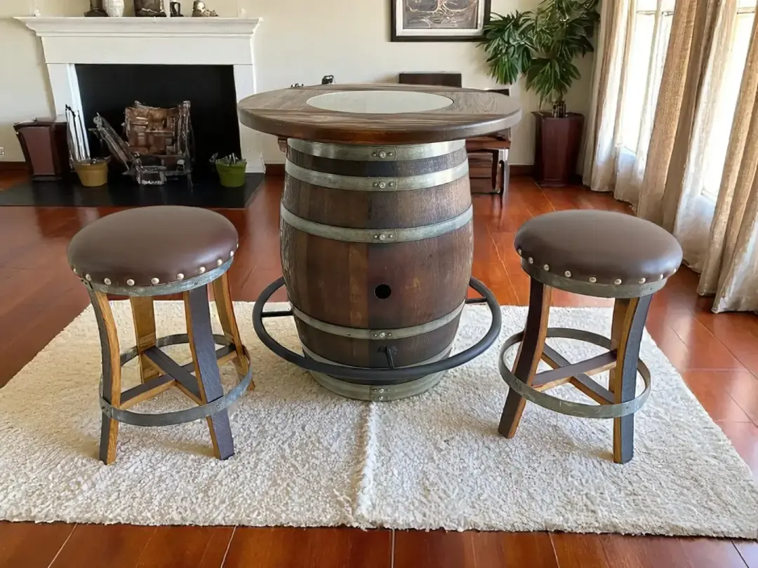 Whiskey & Wine Barrel Bistro Pub Set — 2 Stools, Glass Top, Foot Rail