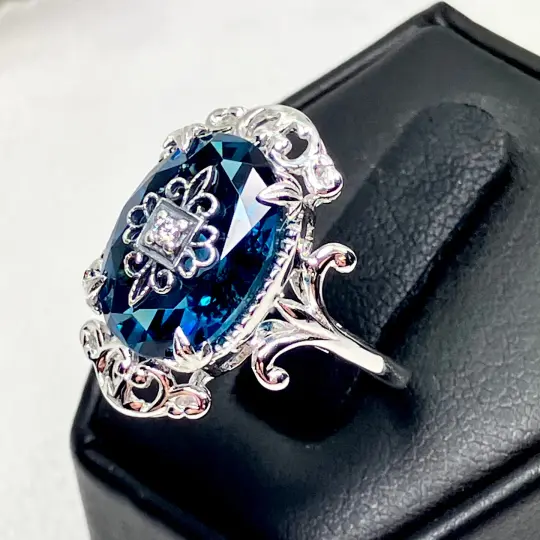 London Blue Ring with Sterling Silver Embellishment, Gothic Jewelry #D84e
