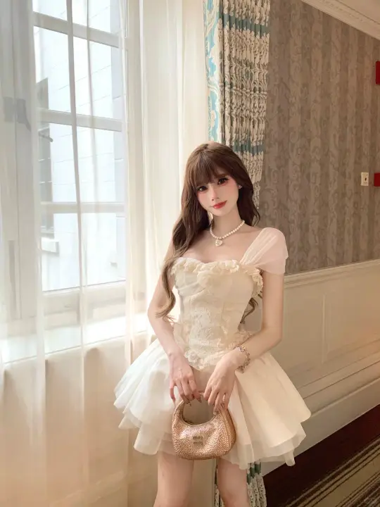 White elegant slim waist sexy lace A-line puffy skirt short skirt homecoming dress R4236