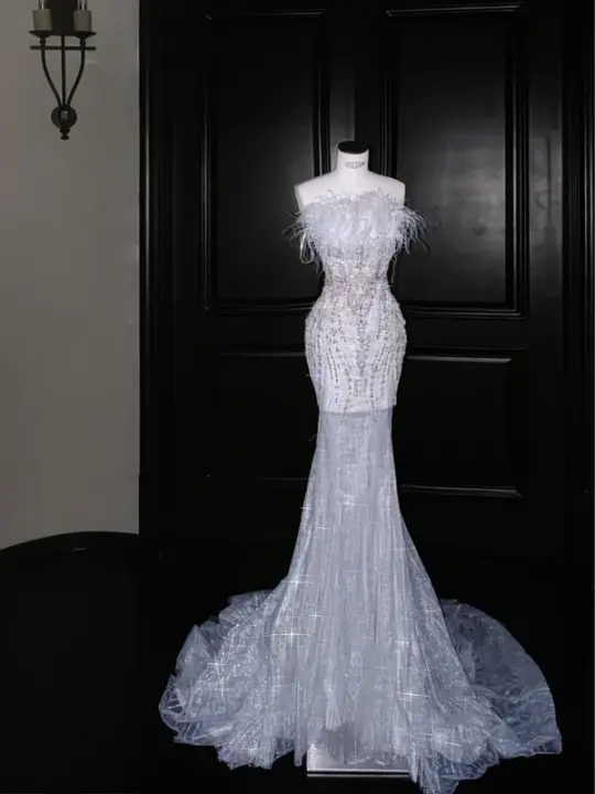 White tube top feather waist slim sequin fishtail maxi dress, prom dress R5662