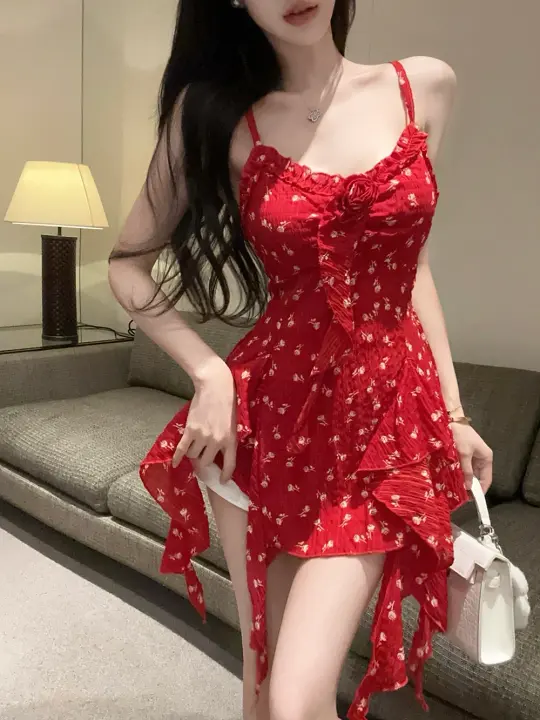 Sweet and sexy floral camisole irregular high waist design slim fit short skirt R3627