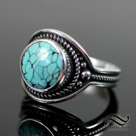 Round Spiderweb Turquoise In Rope Ring - Sterling Silver