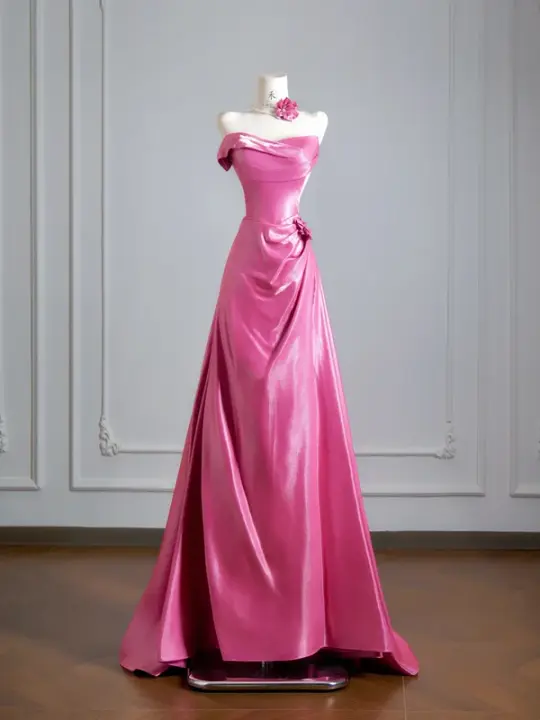 Rose pink strapless fitted A-line long ball gown R8371