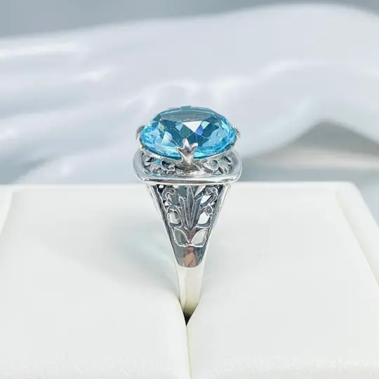 Sky Blue Ring, Size 9.5, Round Cut, Lotus Art Deco Filigree, D130 - Ready to Ship