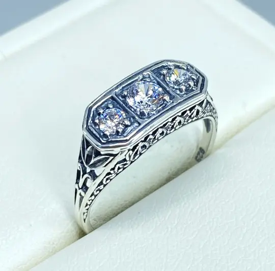 White CZ Ring, size 8, Sterling Silver Lily Leaf Filigree, Edwardian Jewelry #D197 - Ready to Ship