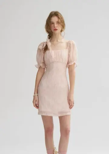 French style pink sweet dress puff sleeve square neck short skirt waist short skirt female summer R3555