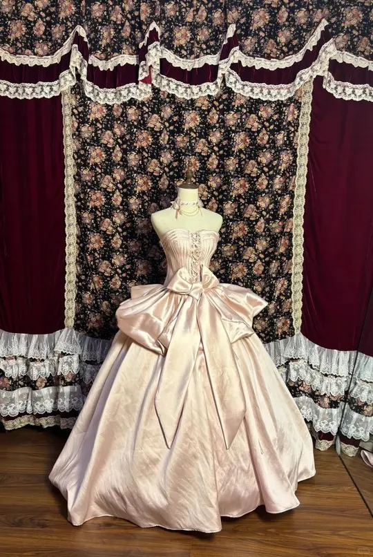 Cute Soft Pink Ball Gown Strapless Long Women Dress with Bow Ribbon Birthday Dress Evening Dress RS093