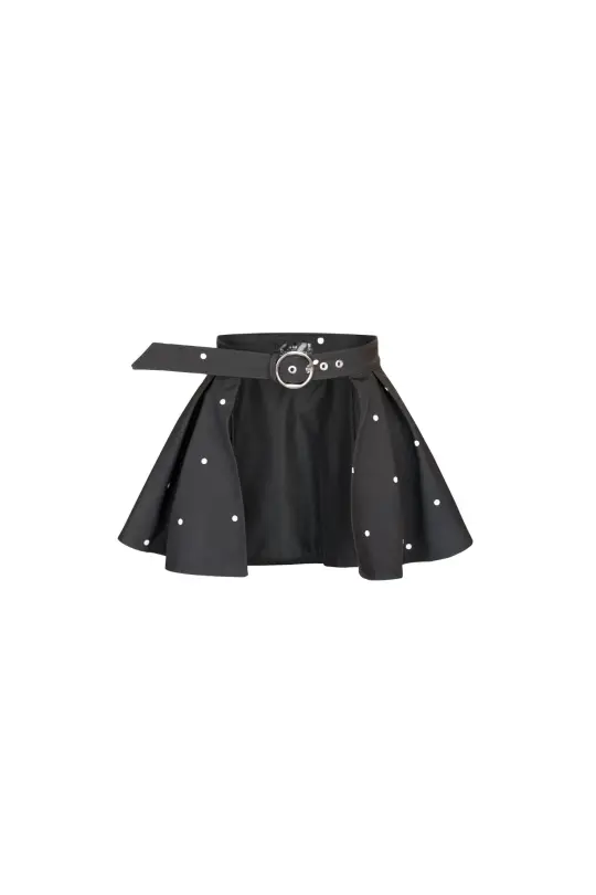 Buckle Belt with Peplum Detail in Black with White Dots | Timeless Polka Dots
