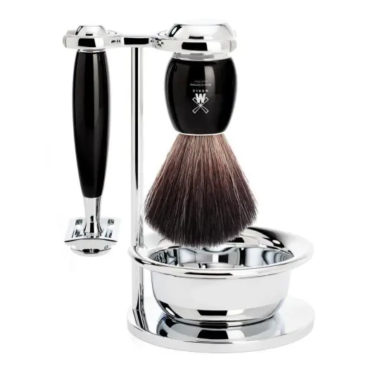MÜHLE VIVO 4 Pc. Shaving Set, Black Fibre Brush & Safety Razor, Black