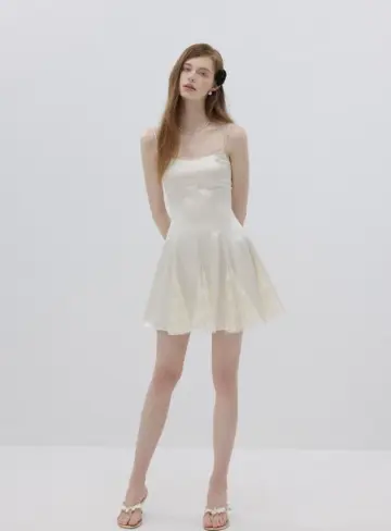 Cream White Satin Slip Mini Dress Women With Lace Inset Flounce Hem R9470