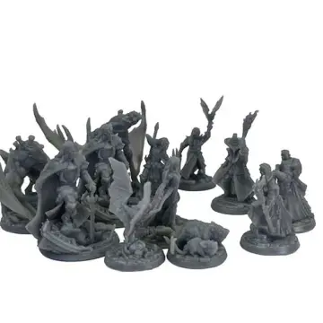 A group photograph showcasing the complete collection of unpainted, 3D-printed grey resin miniatures from the Order Nocturna set. The large gathering includes the three vampire hunters, the various vampires (lord, transfigured, female, and male with bat), the winged shriekers, the rat swarm, and the giant vampire bat all clustered together.