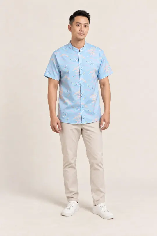 Men's Mandarin-collared Shirt - Blue Cranes