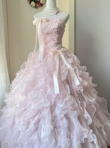 Sweet Pink Quinceanera Dress ,Ball Gown Strapless Bow Corset Maxi Evening Dress RS897