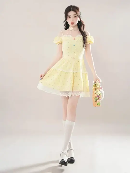 Yellow strapless one-shoulder waist slim A-line short skirt homecoming dress R5275