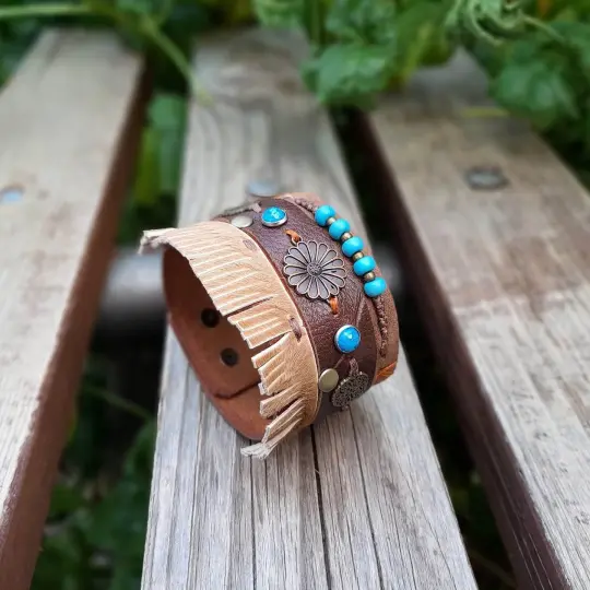 Extra Wide Chunky Boho Leather Cuff | OOAK Earthy Bloom