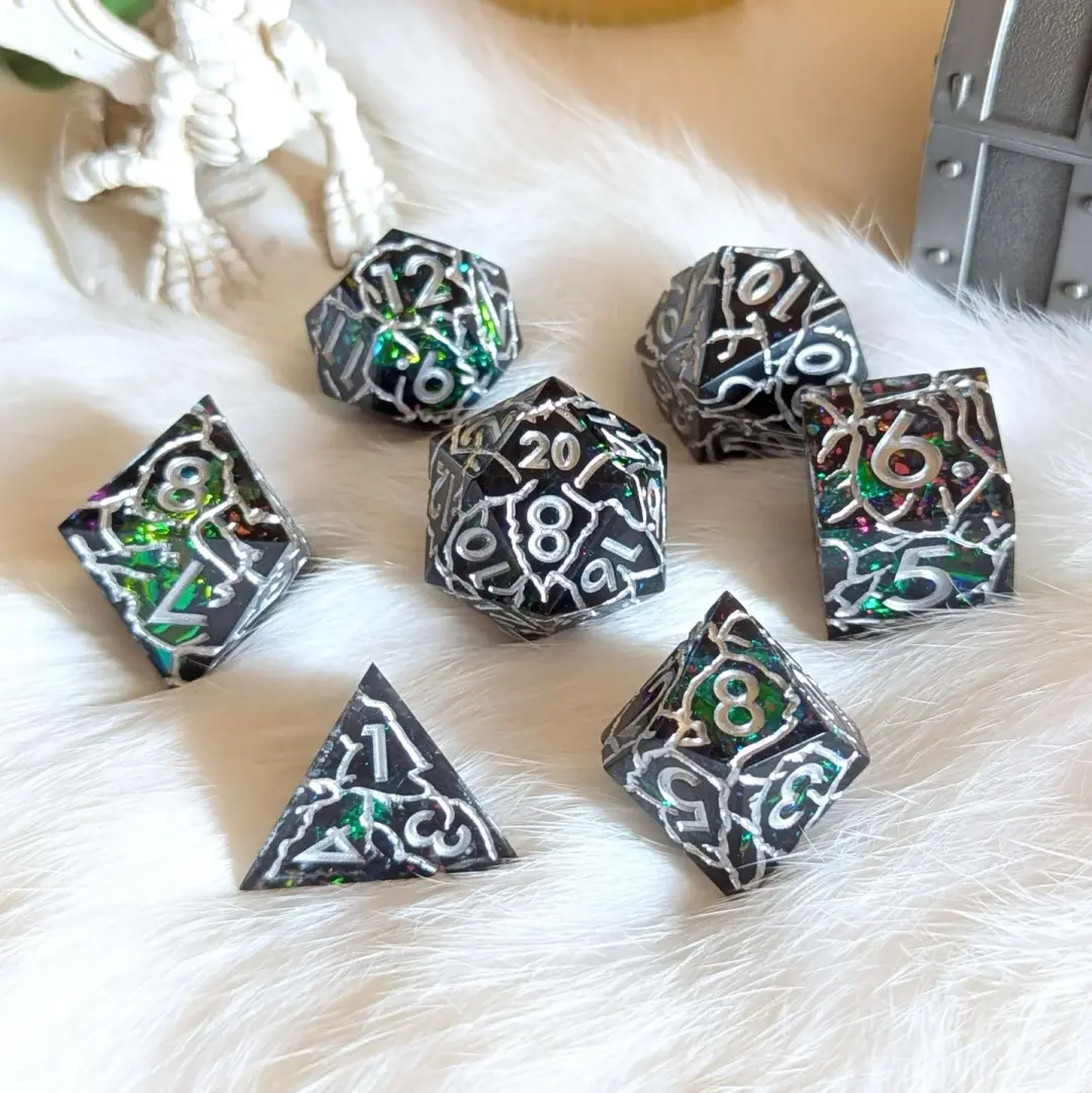 Stormlight Surge Sharp-Edged Dice Set – 7-Piece Black Rainbow Iridescent Lightning