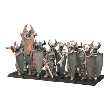 Unpainted 32mm 3D-printed armored skeleton infantry in bat-winged helms with kite shields and banner, tabletop wargame and RPG miniature for D&D, Pathfinder and rank and flank armies