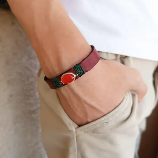 Cherry Agate Rooted Glow Bracelet | Minimal Red Leather & Silver 925