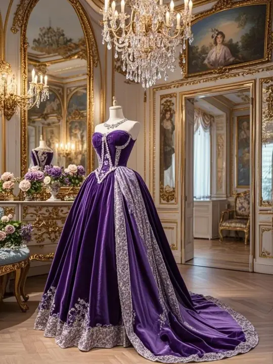 Purple strapless waist-cinching ballgown long prom dress R7932