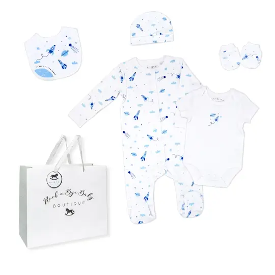 Rock A Bye Baby Boutique Baby Boys Rocket Ships Layette, 5 Piece Set, NB