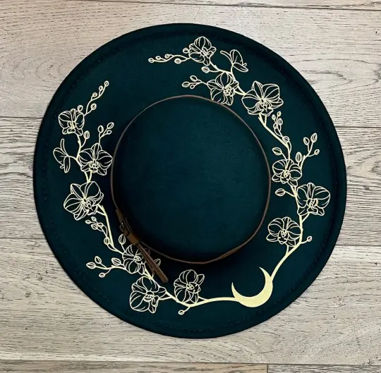Emerald Orchids Outline Vegan Felt Flat Top Hat