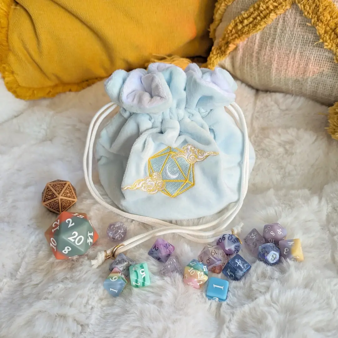 Dreamy Plush Dice Bag, Light Blue and White Multi Pocket Drawstring Pouch, Embroidered D20 Moon & Clouds