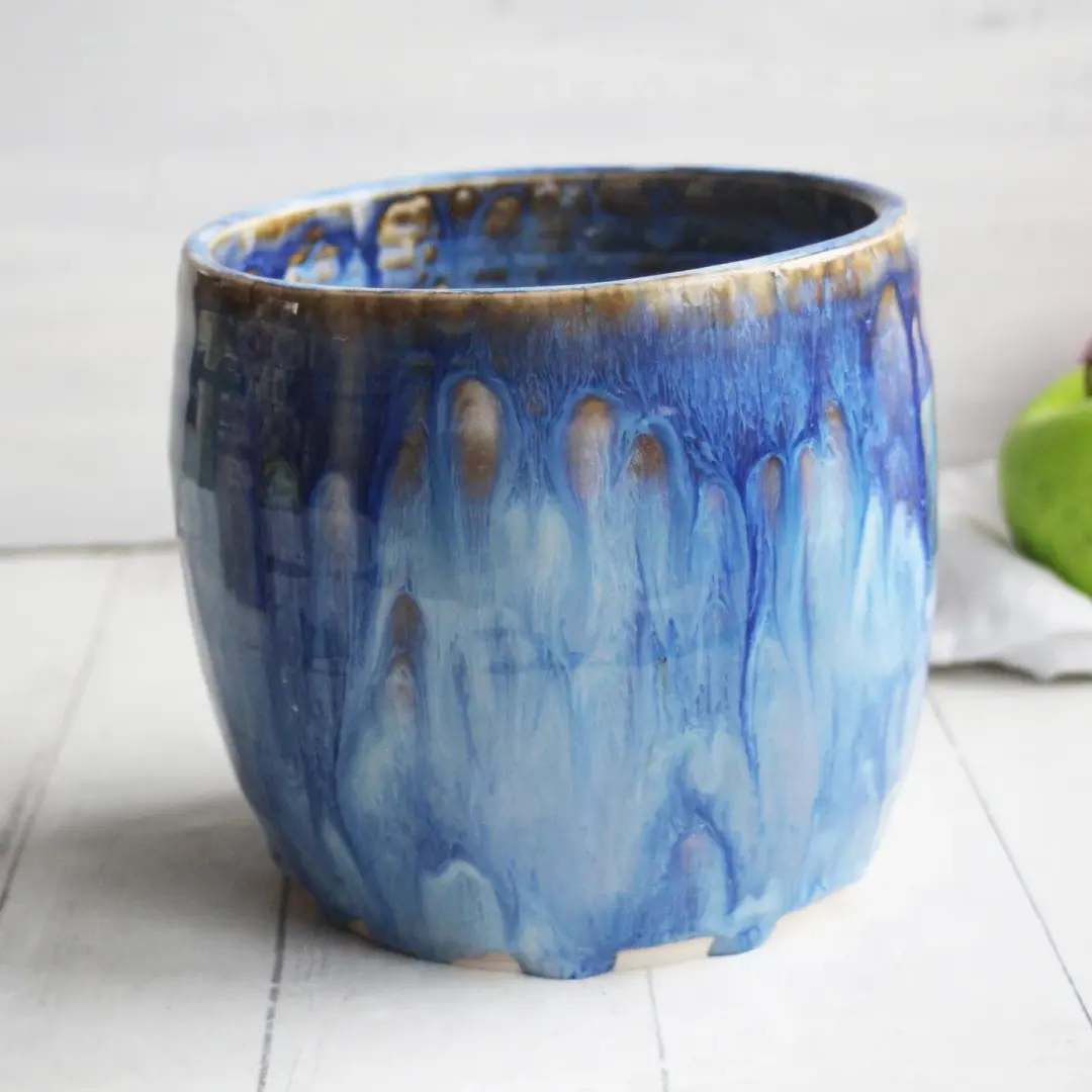 Discounted "Second" Utensil Holder with Dripping Blue Glaze , Handmade Ceramic Crock Made in USA