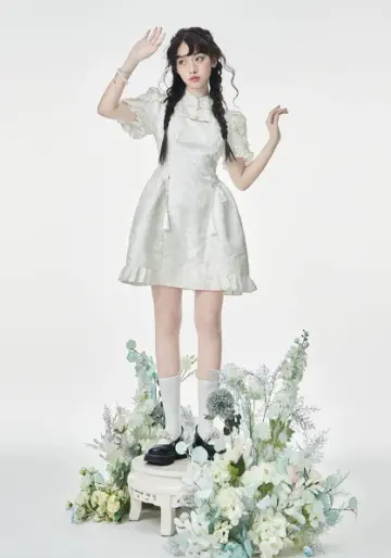 White Qipao Style Mini Dress with Mandarin Collar, Puff Short Sleeves and Ruffle Hem R9273