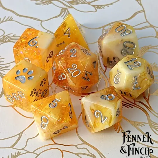 Crystallized Honey 8 Piece Dice Set – Clear Orange White Marble Glitter Foil Paw