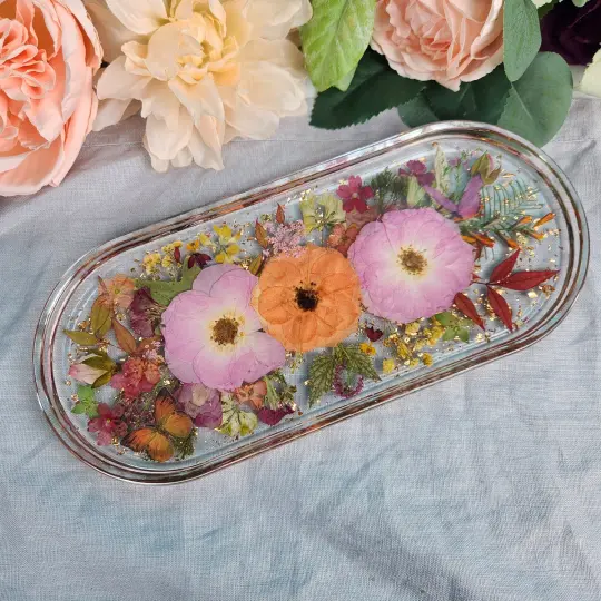 Real Orange & Pink Flower Resin Trinket Tray | Handmade Butterfly Jewelry Dish | floral ring holder