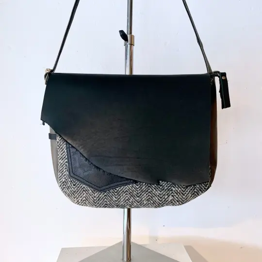 Herringbone Wool, Light Olive Green & Black Leather Messenger Bag
