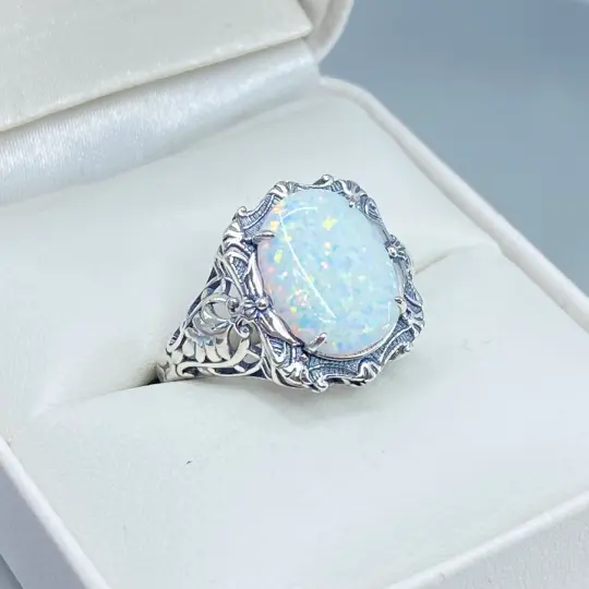 Opal Ring, Size 6, Oval Art Nouveau Style, Vintage Sterling Silver Beauty Ring, D229 - Ready to Ship