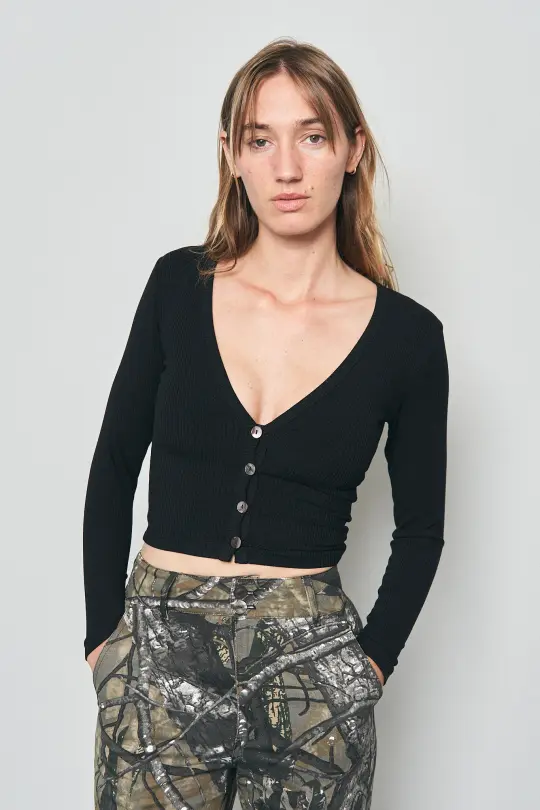 V-Neck Button Down Tencel Rib